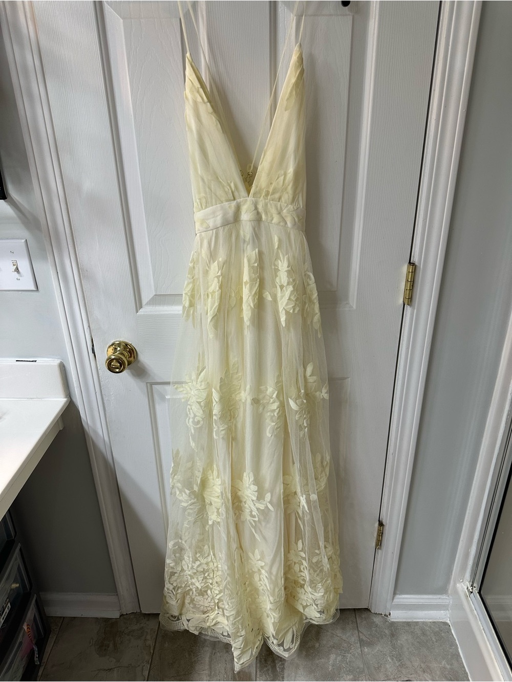 The Vintage Shop Pale Yellow Floral Embroidered V-Neck Maxi Dress